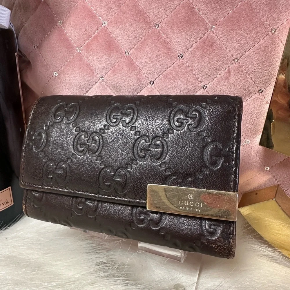 AUTHENTIC GUCCI SHIMA GG LOGO BROWN LEATHER 6 RING KEYCASE TRIFOLD WALLET - Picture 2 of 15